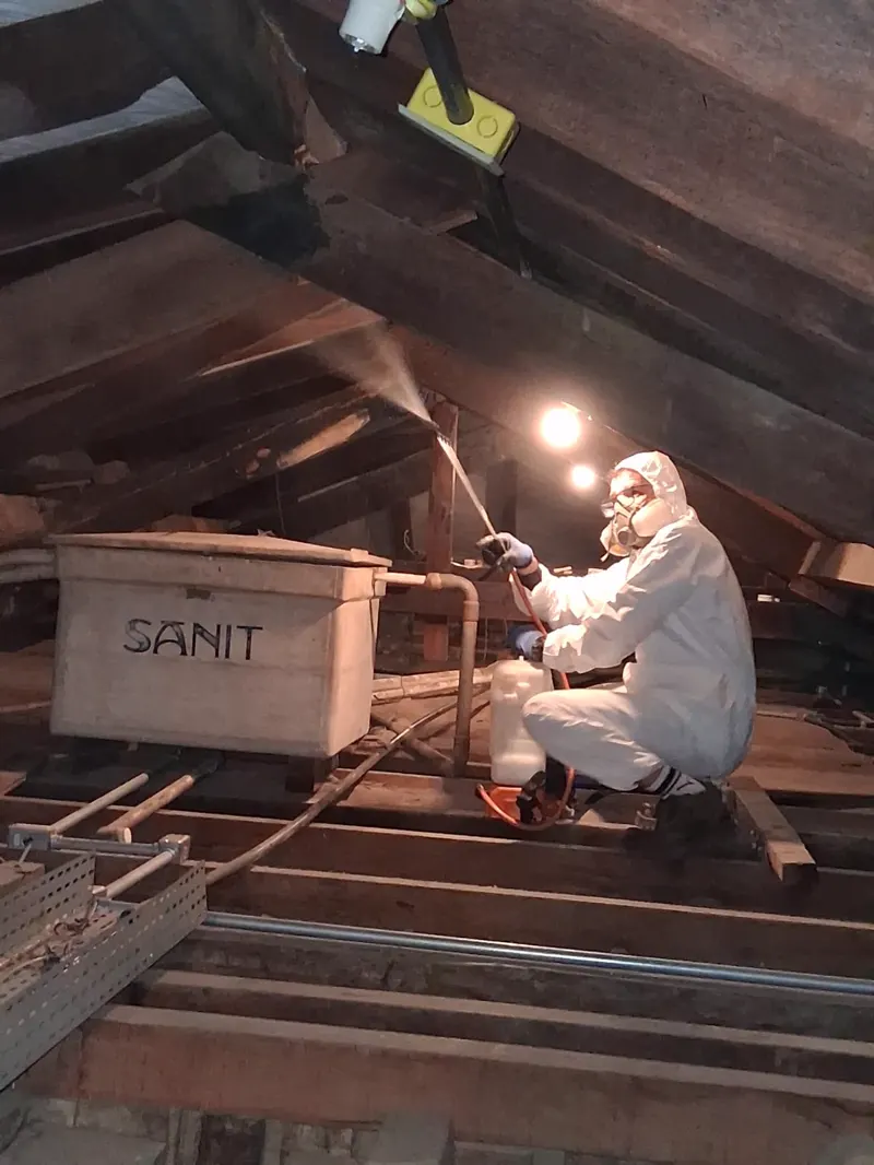 Técnico da Ambiental com EPI completo tratando estrutura de madeira de telhado