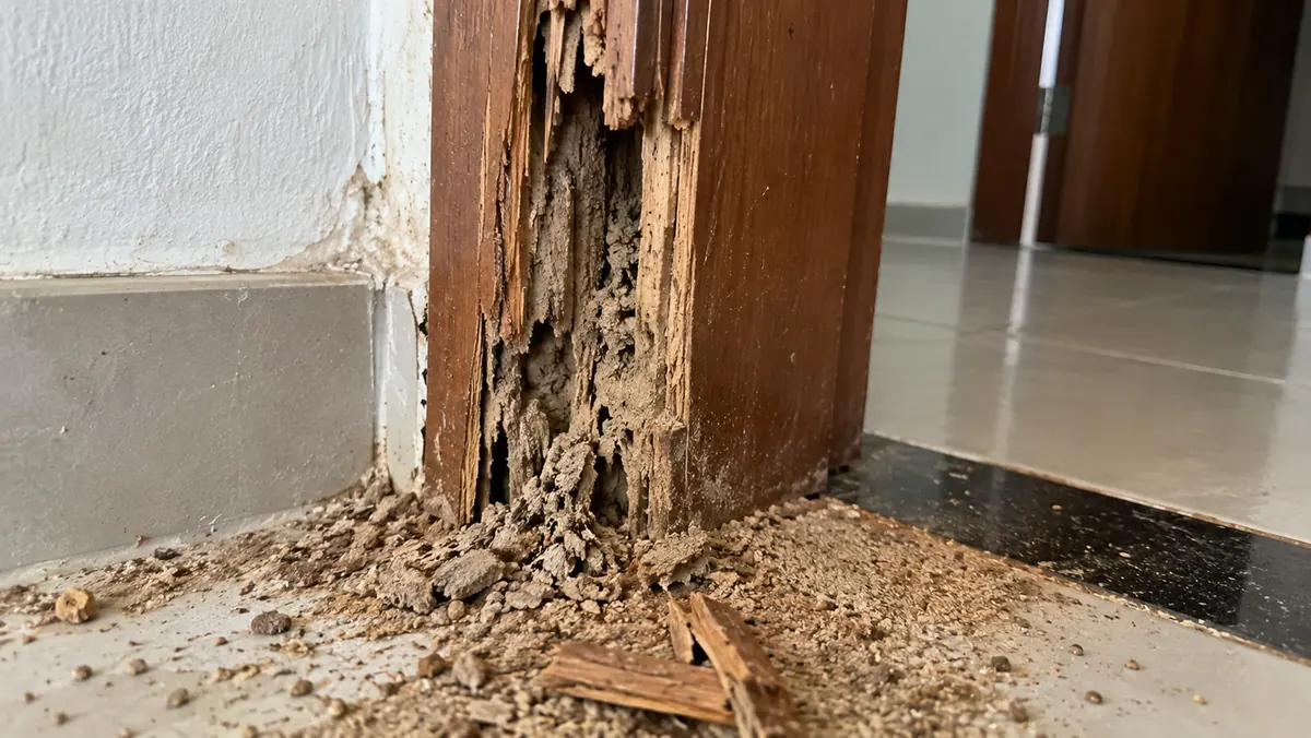 Batente e rodapé de madeira destruídos por cupim — dano estrutural que a Ambiental identifica na inspeção técnica
