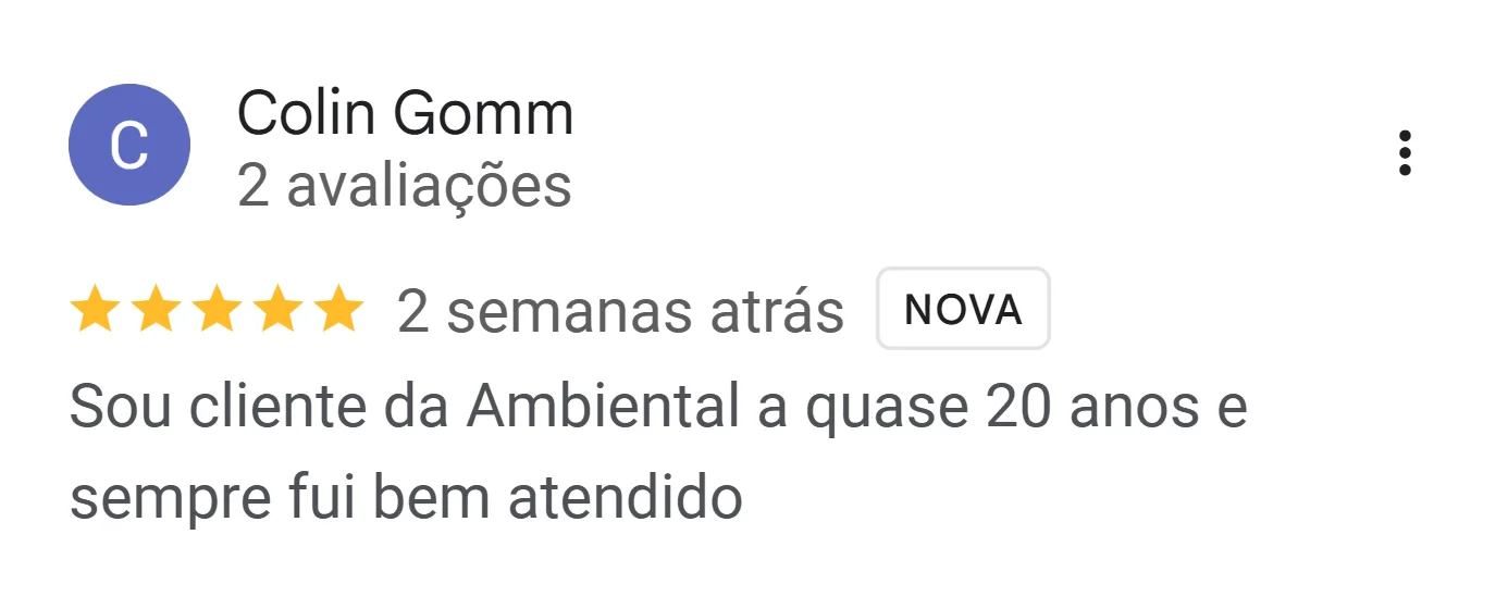 Avaliação de Colin Gomm no Google: cliente da Ambiental há quase 20 anos, sempre bem atendido