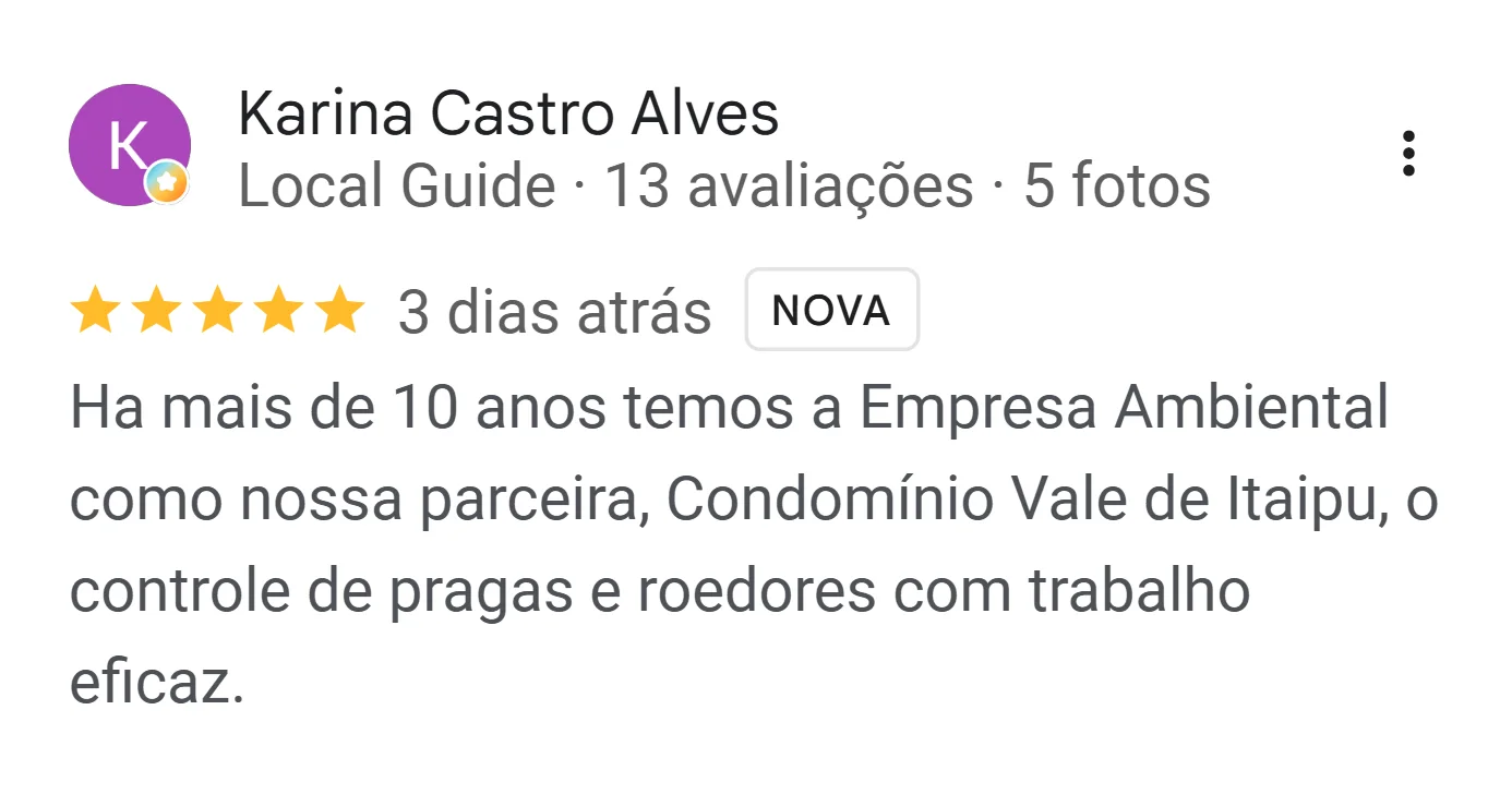 Avaliação de Karina Castro Alves no Google: parceira do Condomínio Vale de Itaipu há mais de 10 anos no controle de pragas e roedores