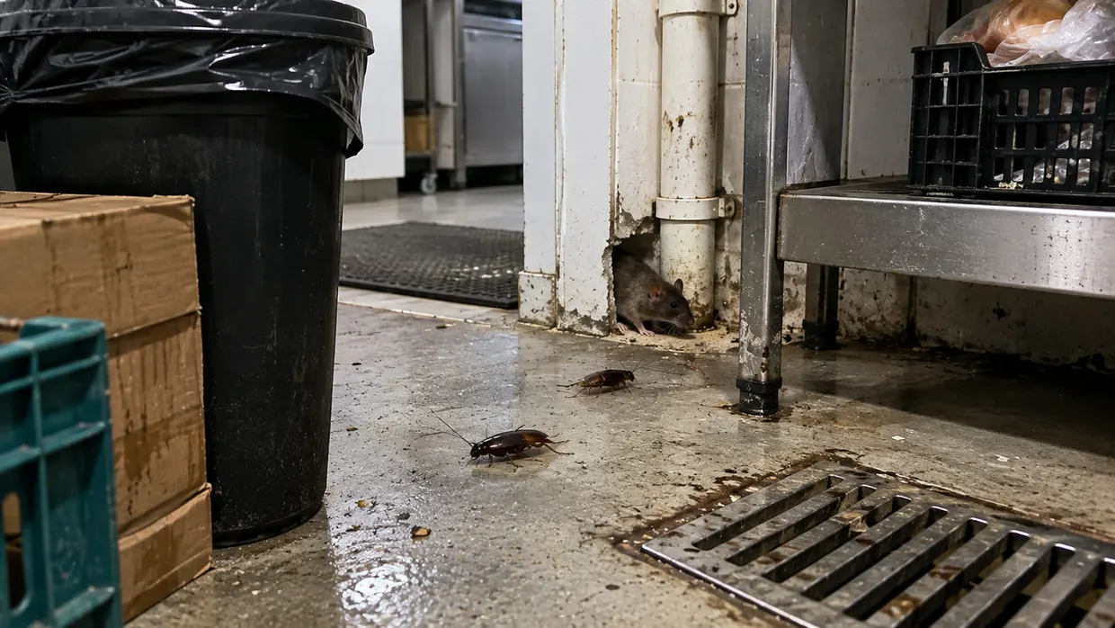 Rato e baratas em área de depósito comercial — pragas urbanas atendidas pela Ambiental